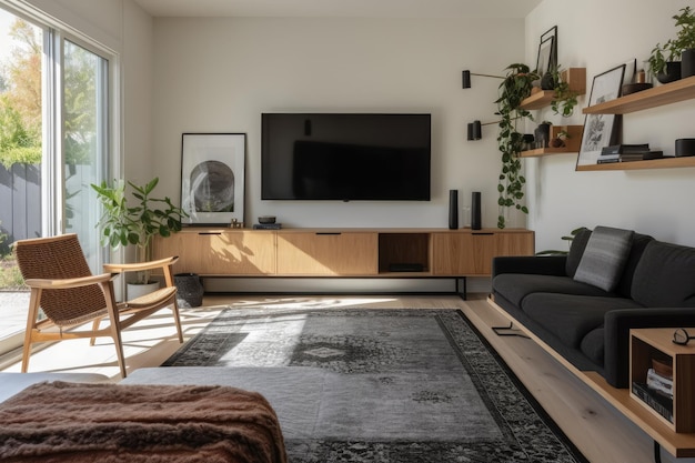 Woonkamer met tv gemonteerd boven zwevende console met modern vloerkleed Generatieve AI