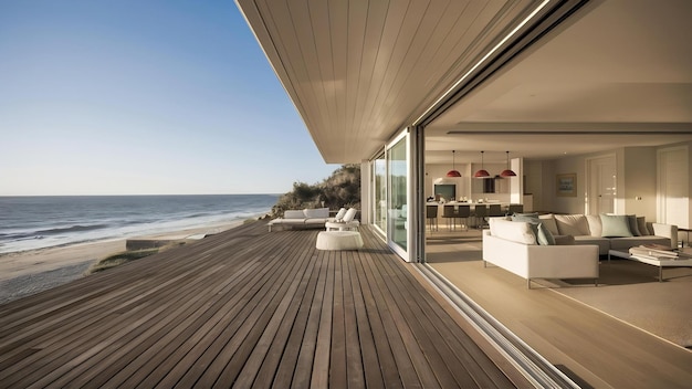 Woonkamer met uitzicht op de zee van een luxe strandhuis met glazen deur en houten terras