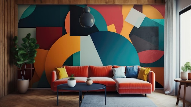 Woonkamer met volledige muur plat geometrisch oranje groen blauw generatieve AI