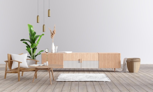 Woonkamer met witte muur mock-up ontwerp 3D illustratie weergave