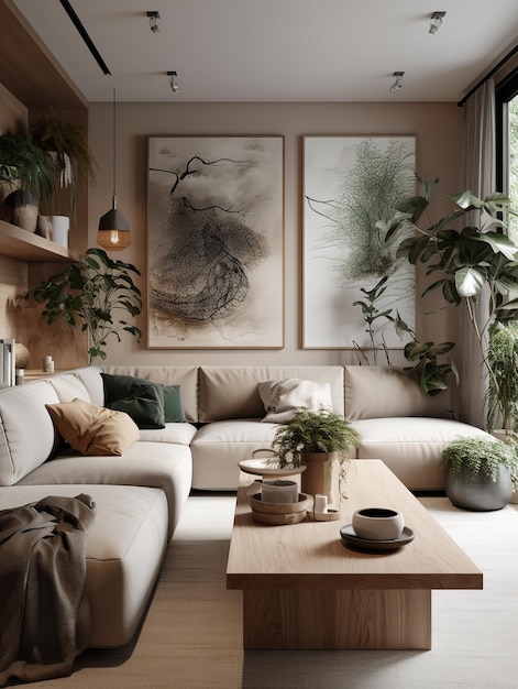 woonkamer met zachte kleurenmuur en meubels minimalistische bloemendecoratie