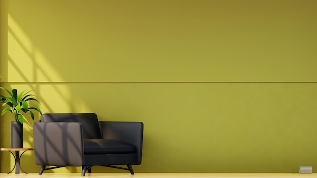 Woonkamer met zwarte fauteuils tegen een lege gele muur achtergrond, 3D-rendering