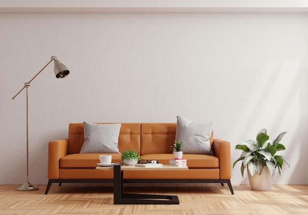 Woonkamer muur mock up met leren bank en decor op witte gips muur background3d rendering