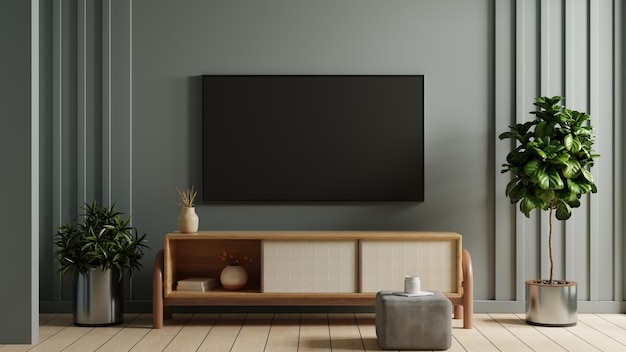 Woonkamer op donkerblauwe muurachtergrond met mockup een tv-wandmontage