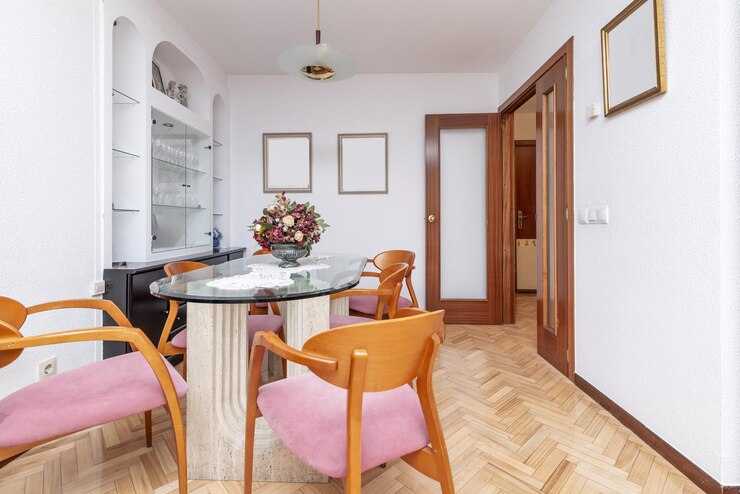 Foto woonkamer van een huis met een glazen eettafel met marmeren voeten en kersenhouten stoelen