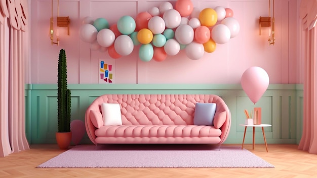 Woonkamer vol kleurrijke ballonnen bij de bank
