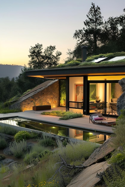 Woonwoning met een levend groen dak dat naadloos in het landschap mengt en de nadruk legt op eco