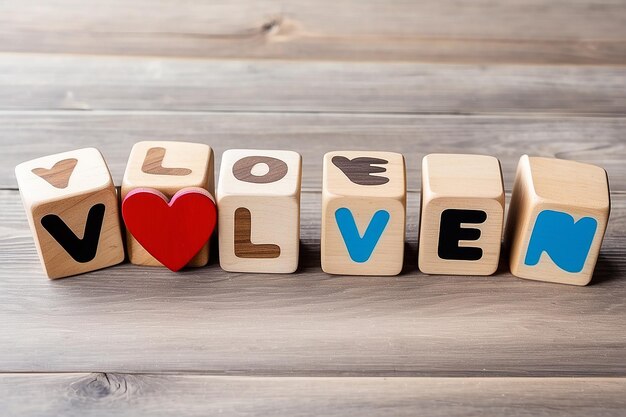 Woord Valentijnsdag Liefde op houten blokken kubus Tema van liefde Houten briefblokken Liefde tekst