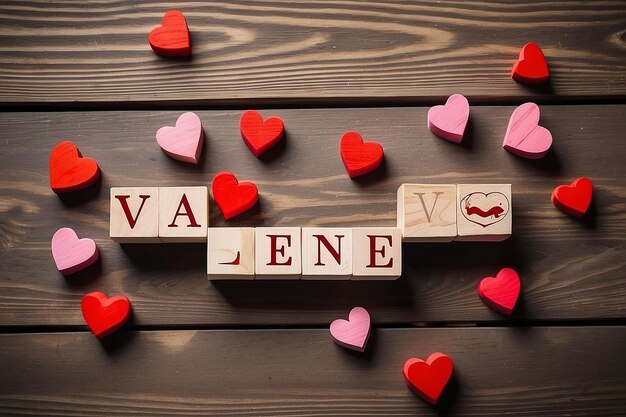 Woord Valentijnsdag Liefde op houten blokkenkubus Thema van liefde Houten letterblokken Liefdevolle tekst