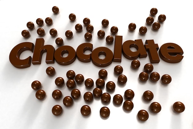 Foto woordchocolade omringd door chocoladedruppels op een witte achtergrond