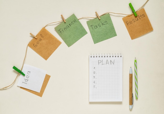Foto woorden doel, idee, taken, financiën, resultaten, plan op papieren stickers met wasknijpers aan een touw en notebook