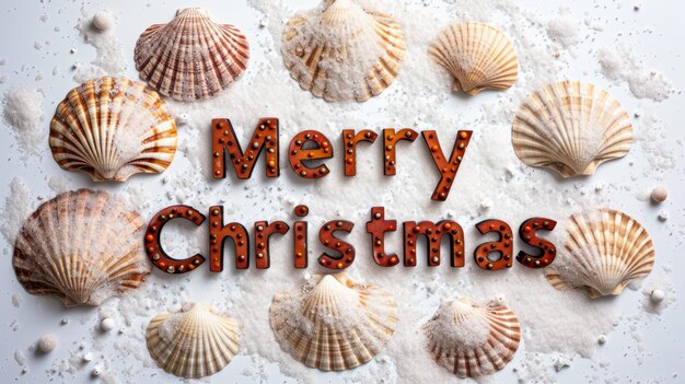 Foto woorden vrolijk kerstfeest gecreëerd in scallop shell letters