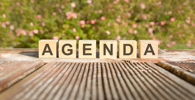 The word Agenda is written on wooden cubes. the blocks are placed on an old wooden board illuminated by the sun. in the background is a brightly blooming shrub