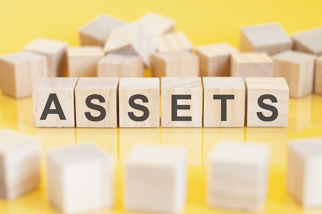 The word assets is written on a wooden cubes structure