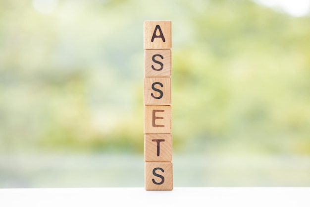 The word Assets on wooden cubes They lie on other cubes against the backdrop of the summer garden