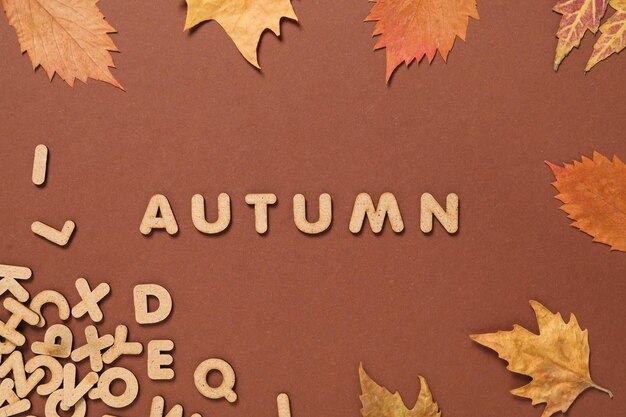 Photo word autumn letters and leaves on brown background