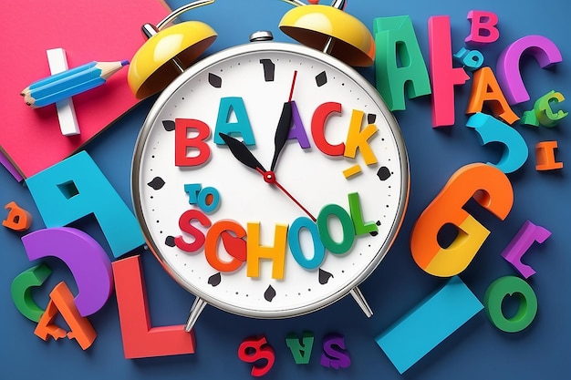 Photo the word back to school in colored 3d lettersalarm clock in the background