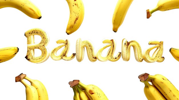 Photo the word banana composed of whole yellow bananas isolated on a transparent background