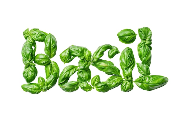 Photo the word basil composed of fresh basil leaves isolated on a transparent background