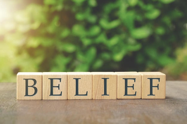 사진 자연 배경에 있는 나무 빌딩 블록에 대한 word belief