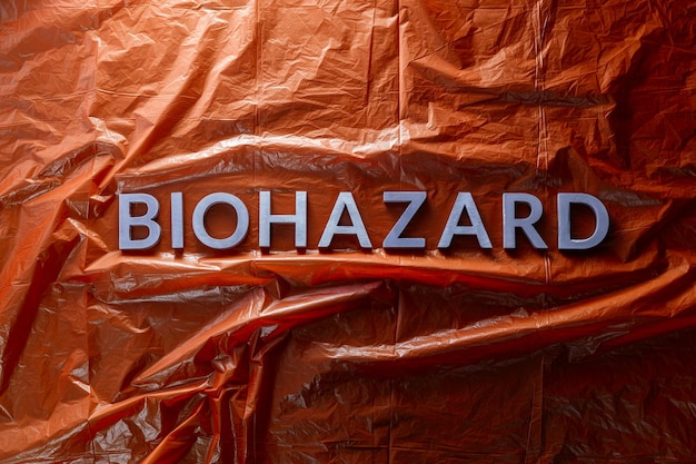 The word biohazard laid with silver letters on red crumpled plastic film background in flat lay composition at center