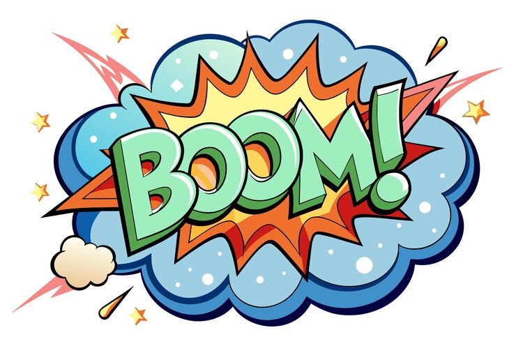 Photo word boom inside explosive cloud in comic style flat illustration vector illustration