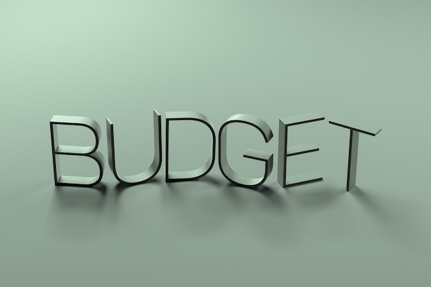 Foto budget di parole da lettere di metallo rendering 3d del concetto minimalista di budget di parole