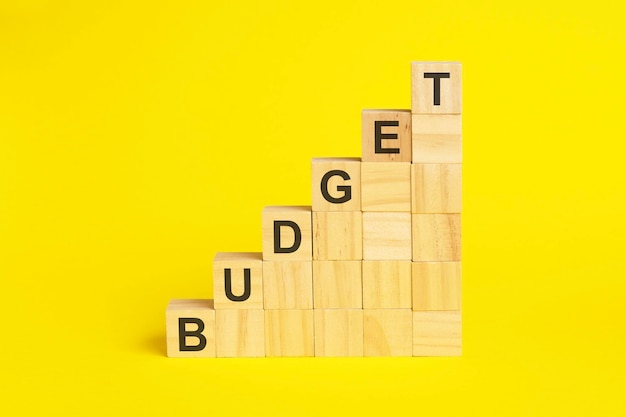 The word budget is written on a wooden cubes concept