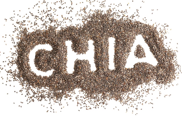 Word CHIA gemaakt van zaden op witte achtergrond