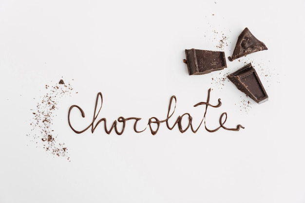 word chocolate near pieces of choc and crumbs 