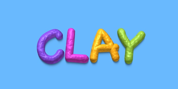 Photo the word clay is printed in colorful letters.