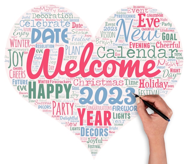 Word cloud in the shape of a heart with new year words with hand and pen new year celebration