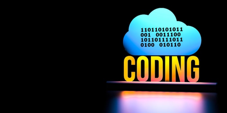 Photo the word coding and a cloud with binary code on a black background with copy space concept of coding or programming use of binary code and cloud servers 3d render