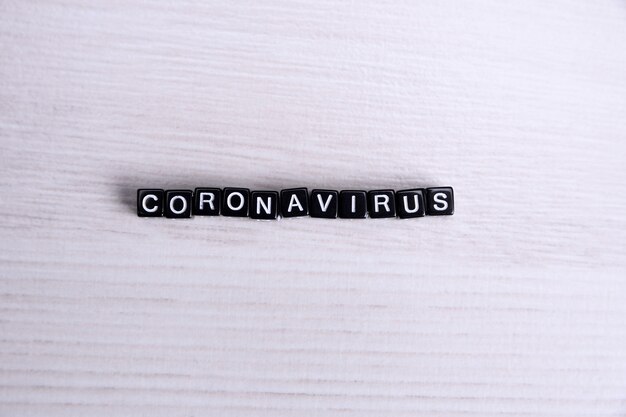 Word coronavirus laid with cubes letters flat lay composition