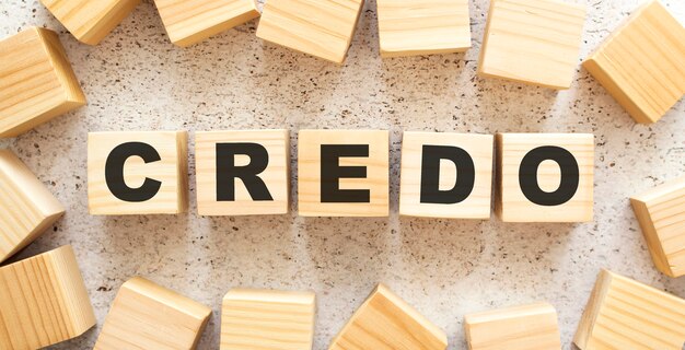 The word CREDO consists of wooden cubes with letters, top view on a light background. Work space.