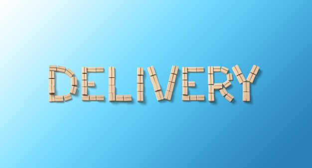 Photo word delivery from cardboard boxes on blue background