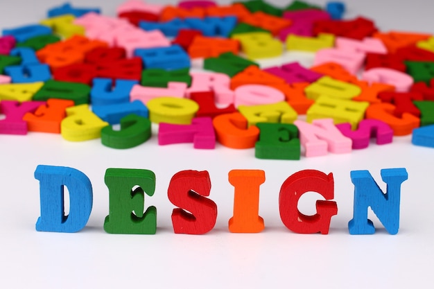 The word design with colored letters