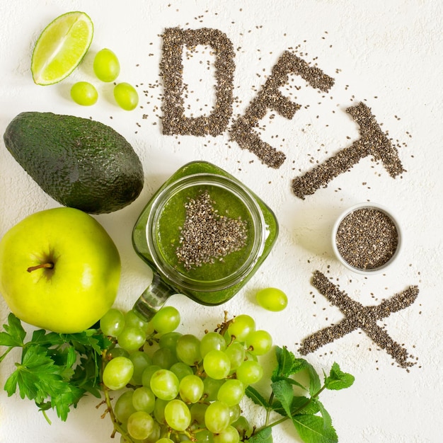 Word detox is made from chia seeds Green smoothies and ingredients Concept of diet cleansing the body healthy eating