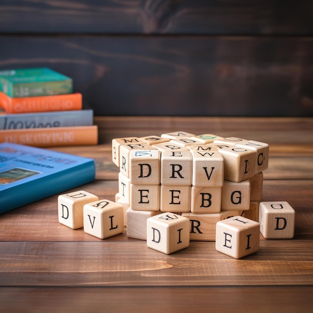 Word development wooden cubes blocks on the subject Ai generative