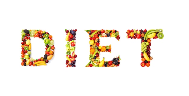 写真 白い背景の果物と野菜で満たされた文字で作られたダイエット単語 健康的なライフスタイルコンセプト ai生成