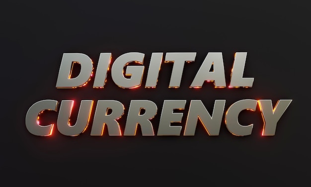 Word Digital Currency написана на темном фоне с кинематографическим и неоновым текстовым эффектом 3D Render