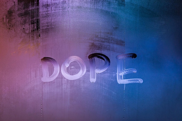 Photo word dope handwritten on night wet window glass surface closeup