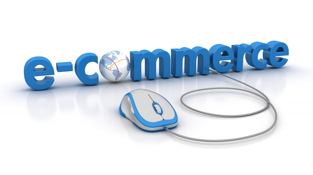 La parola e-commerce con mouse del computer e globe world attivi