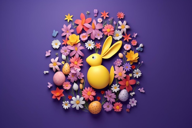 The word easter is written in small colorful flowers on a purple background