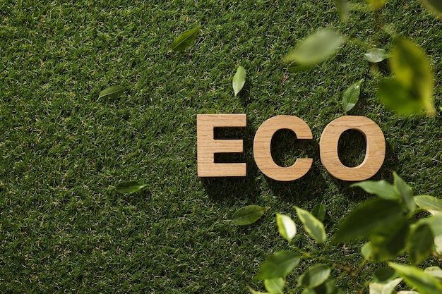 緑色の新しく切った草にECOという単語が書かれています