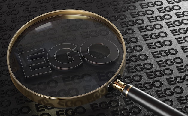 Photo word ego with a magnifying glass over black background 3d illustration