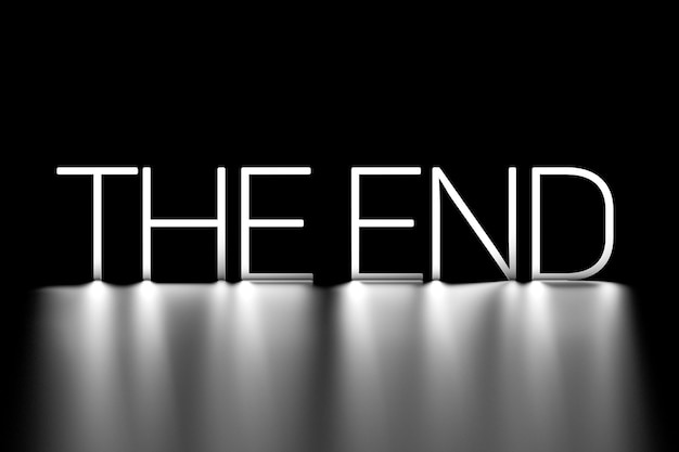 Word ENDWhite neon THE END concept on black background with reflection3D render