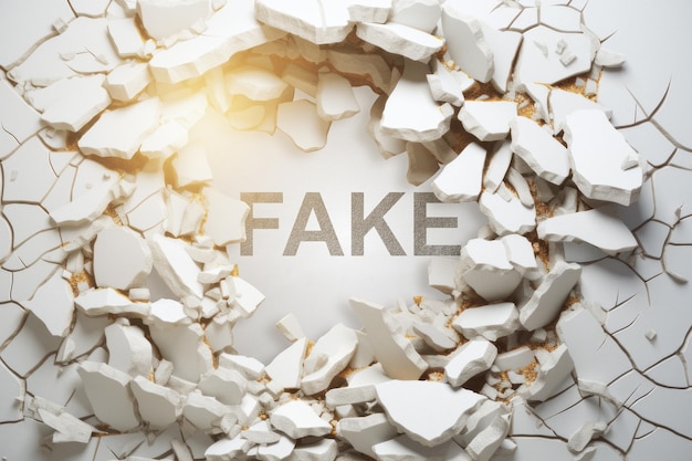 Word Fake made of white cracked pieces on white background Generative AI