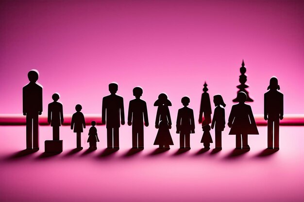 Word family and wooden figures of people on pink background