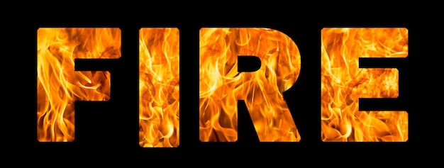 The word fire on a black background with letters with the\
texture of fire